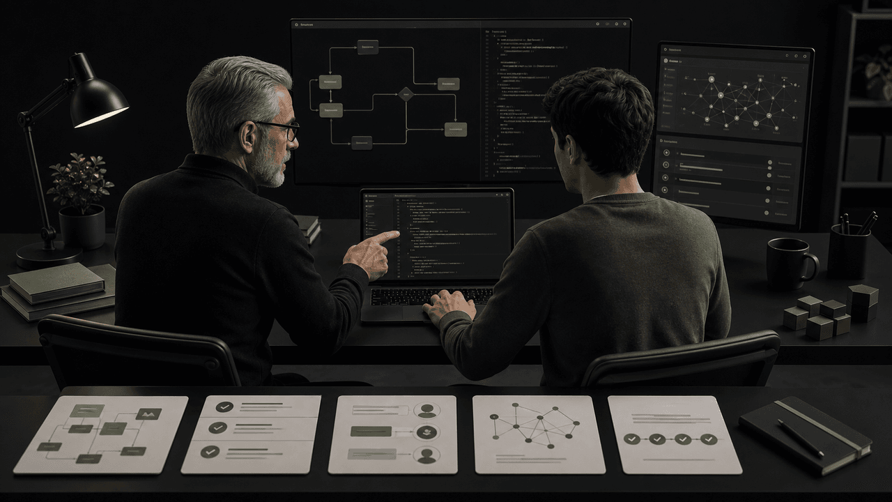 Two developers, one senior, working on code at a desk with 'ENGINEERING VELOCITY' on screen.