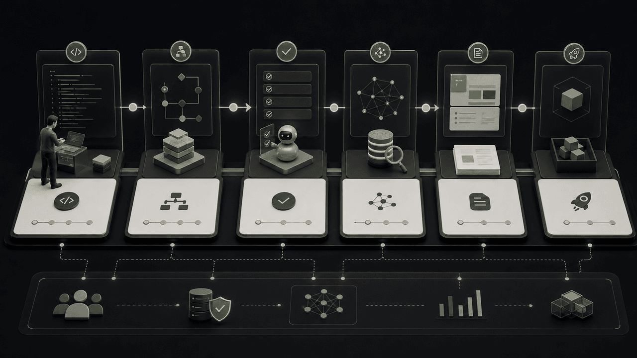 A timeline diagram showing AI toolchain integration in software development across code, test, and document stages.