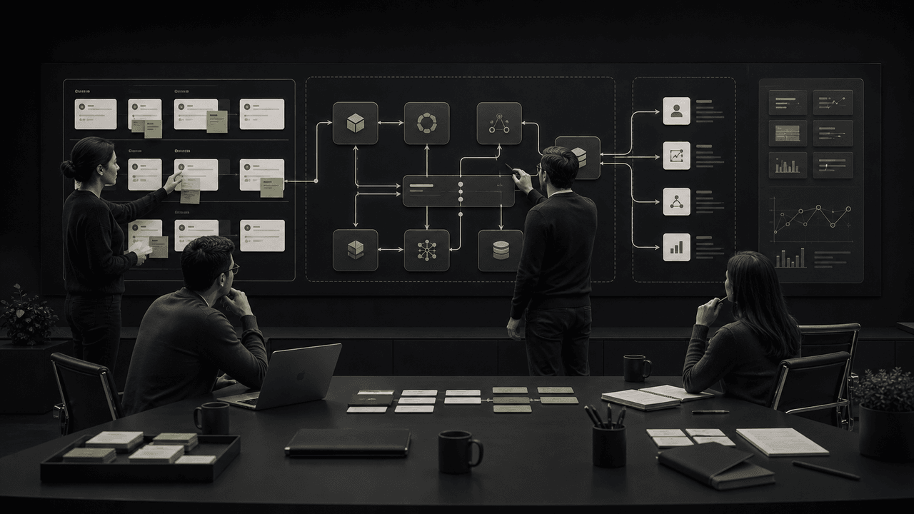A modern meeting room with a whiteboard displaying project plans, diagrams, and a laptop on a wooden table.