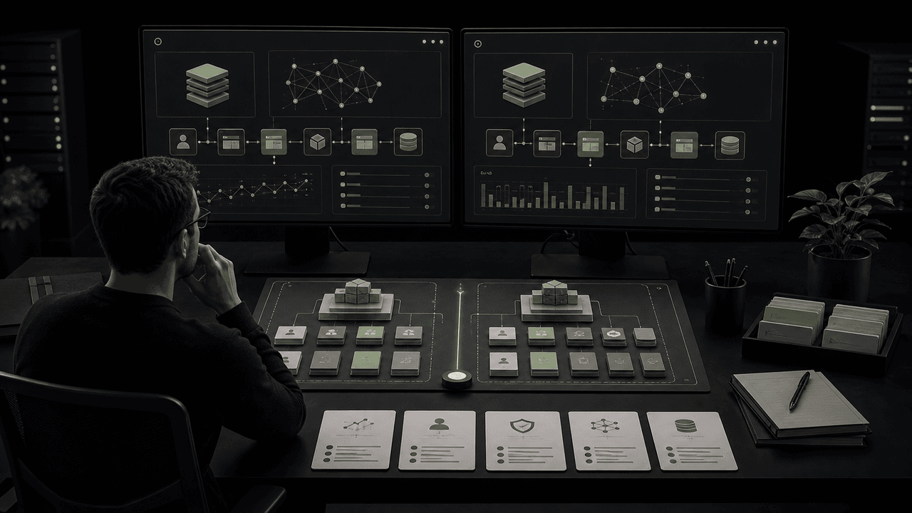 A man contemplates a 'Platform Decision' while looking at code on dual computer monitors.