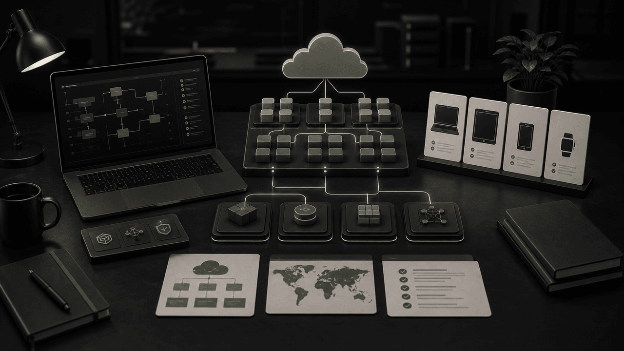 A modern laptop on a wooden desk displaying a 'Cloud Ready' graphic with cloud, books, and folder icons.