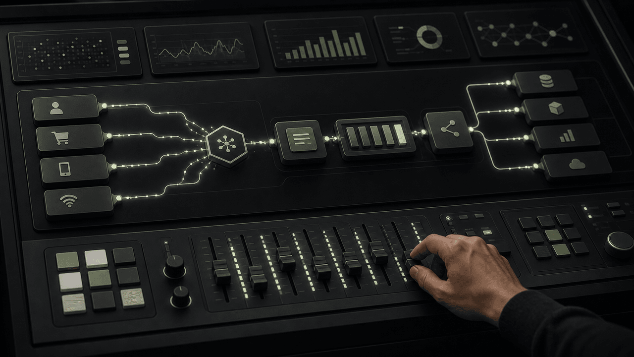 Close-up of a modern control panel with faders, glowing green buttons, and an 'EVENT DRIVEN' sign.