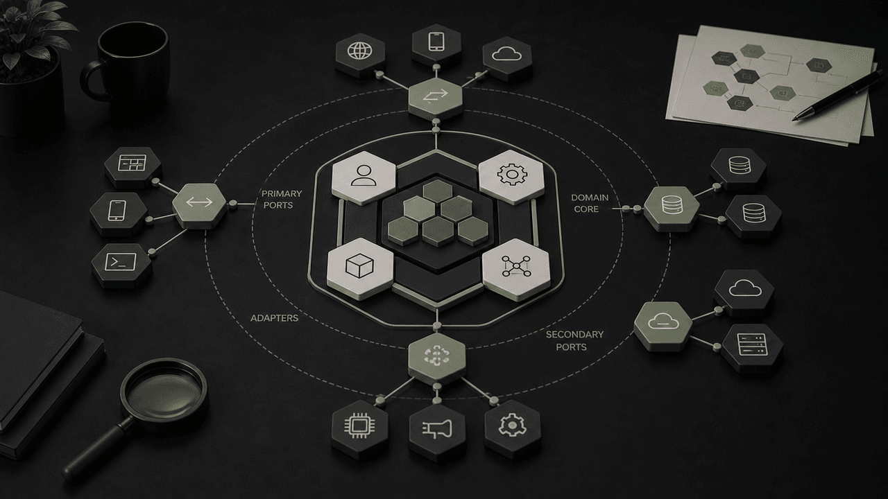 Tabletop game illustrates 'Ports and Adapters' software architecture with hexagonal tokens for API, DB, and UI.