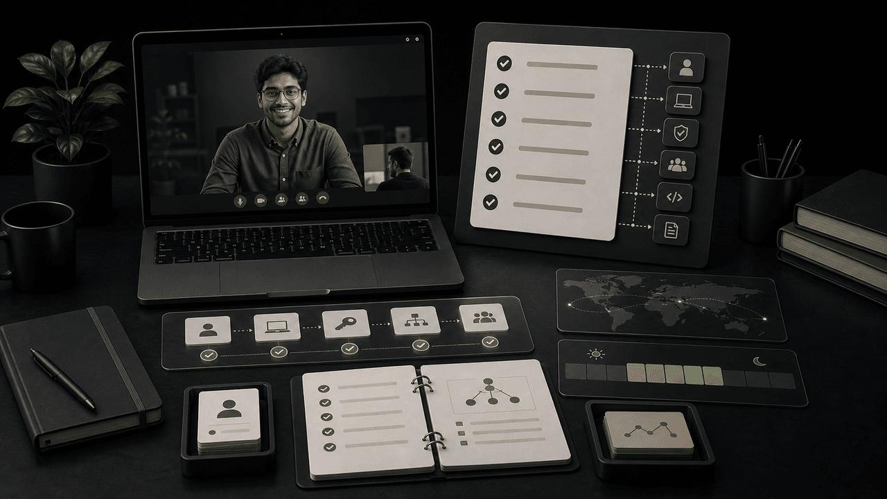 A laptop displays a video call and checklist for onboarding, next to an open playbook and plant.
