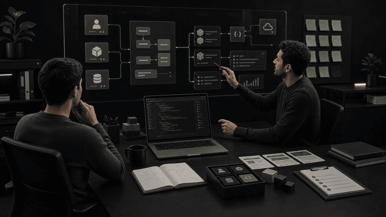 Two developers collaborating in an office, one drawing on a whiteboard, the other looking on, with a laptop showing code.