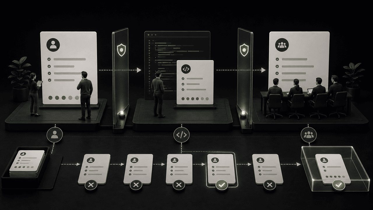 A black and white infographic outlining a three-step candidate vetting process: assess, test, and interview stages.