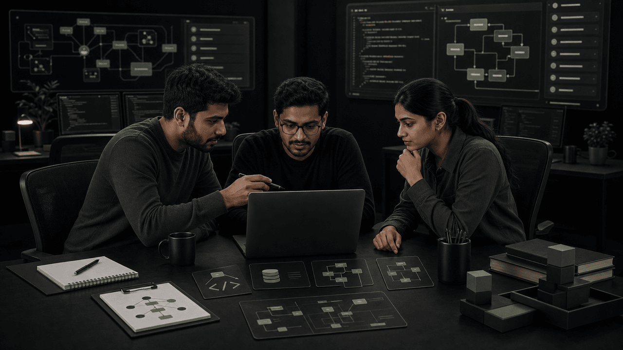 Three male developers collaborate intently around a laptop in an office with a Laravel Experts banner.