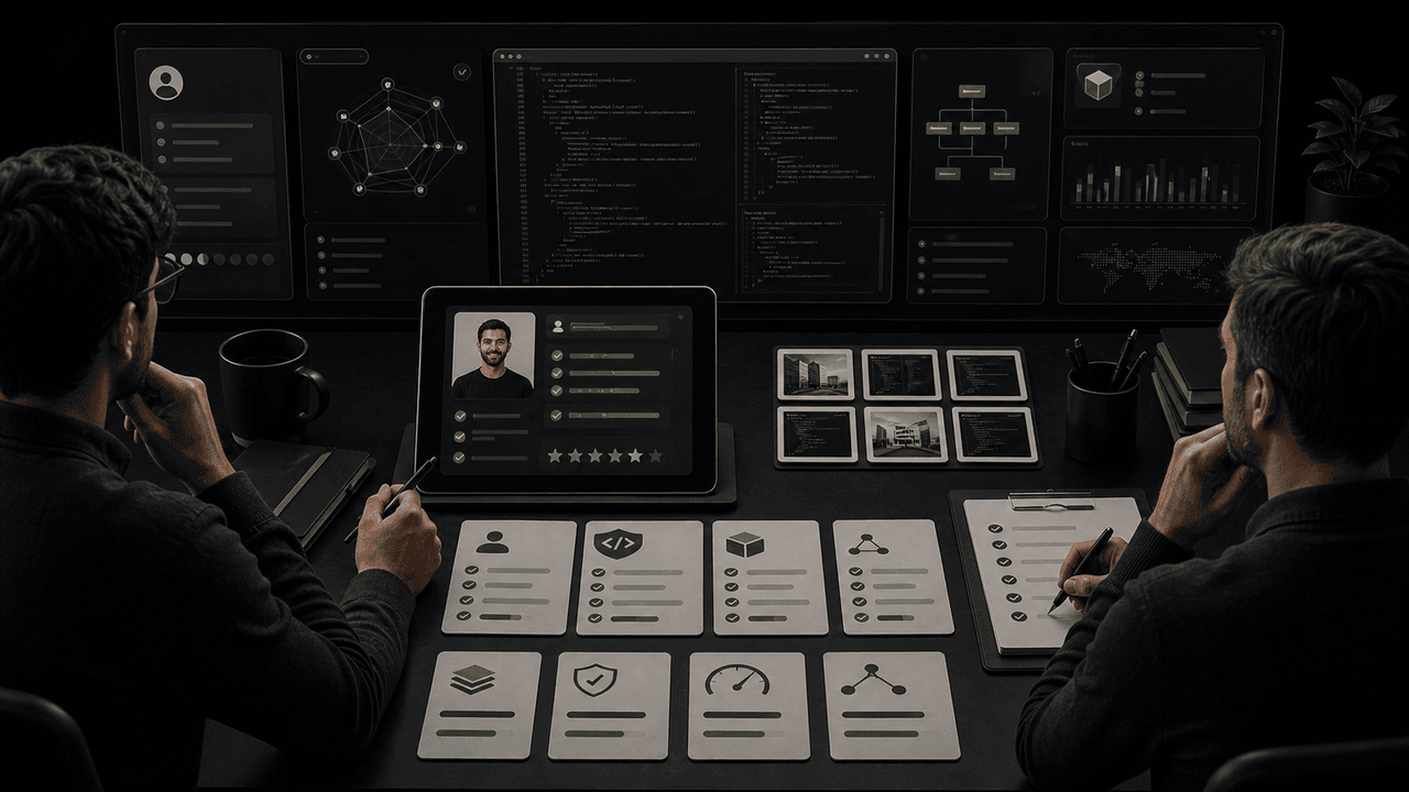 Two men reviewing information on a tablet, with a 'VETTING CHECKLIST' graphic in the corner.