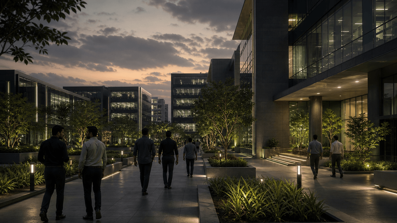 A vibrant Indian tech hub campus with modern buildings, green lawns, and people walking on paved paths.