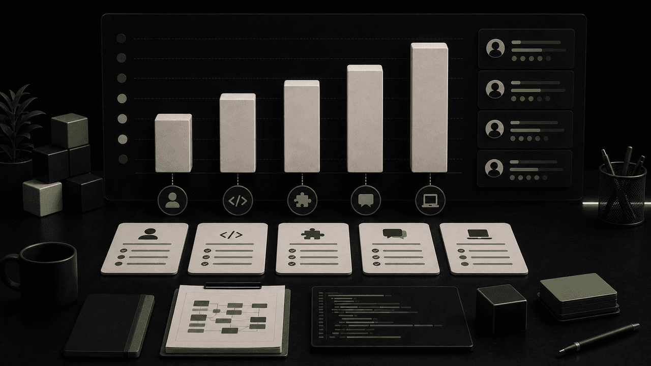 Bar chart illustrating interview types: 20% Evaluation Rubric, 30% Code Challenge, 50% Real-world Questions.