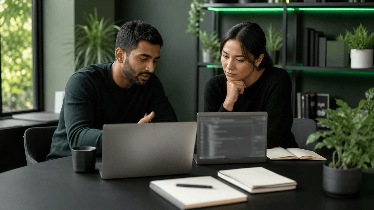 Two men working on laptops at a desk, with a 'Hiring Strategy' sign in the background.