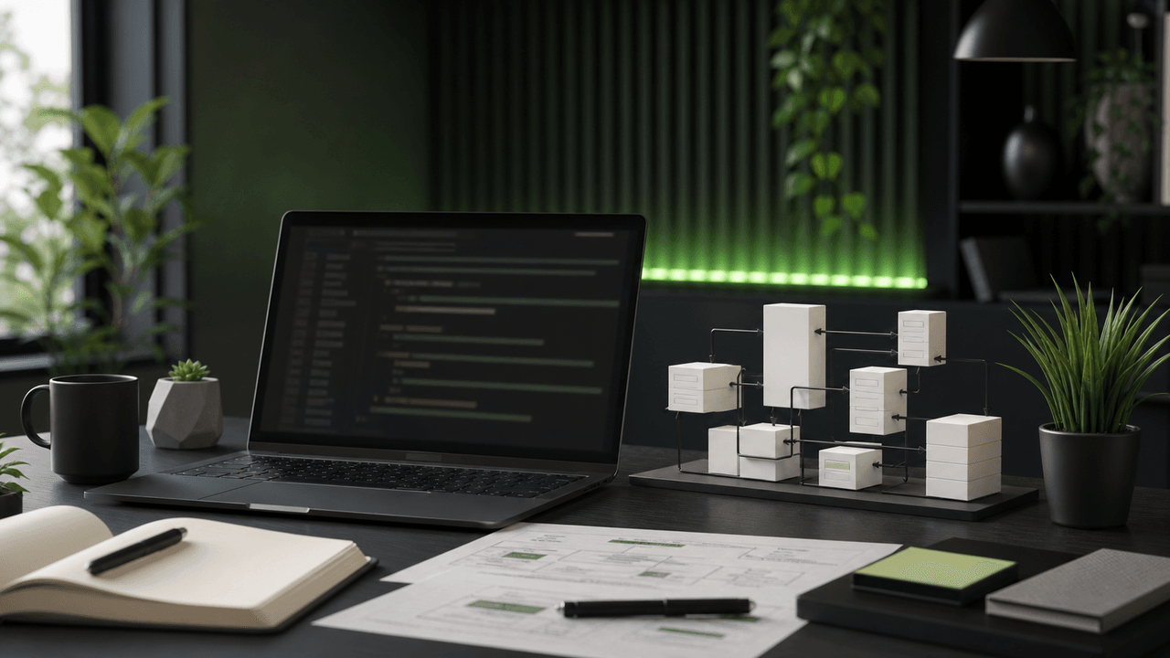 Laravel development workspace with a laptop, architectural models, plant, and notebook, against a blue wall.