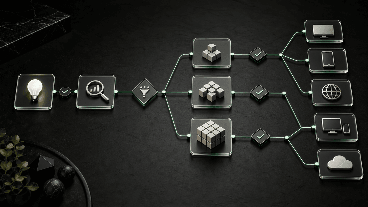 A detailed flowchart illustrating the project needs decision path for software development, from idea validation to platform choice.