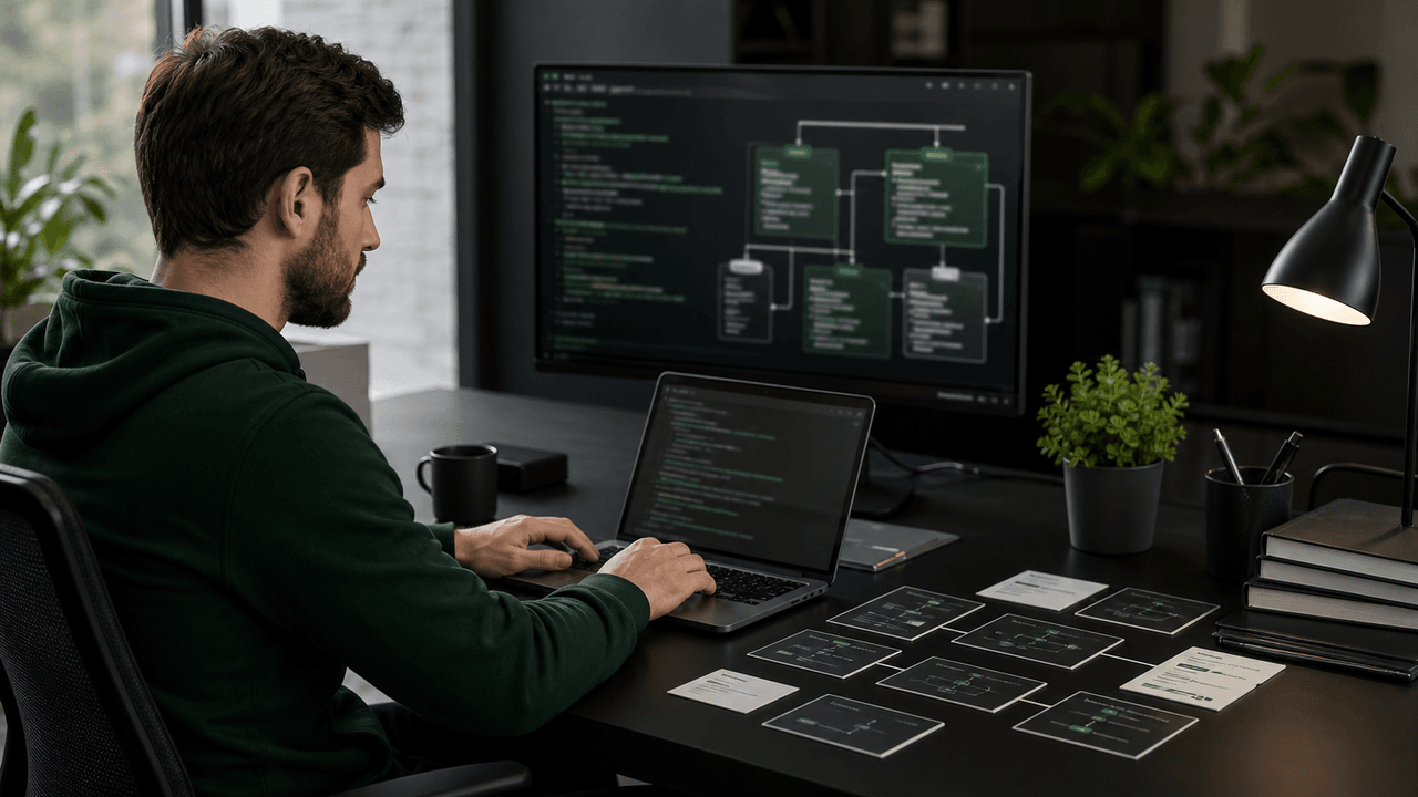 A man in a green hoodie codes on a laptop and desktop monitor in an office.