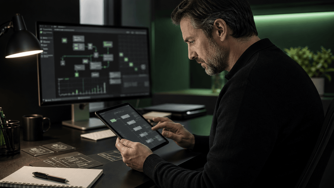 Older man intently focused on a tablet, with a computer screen displaying technical data.