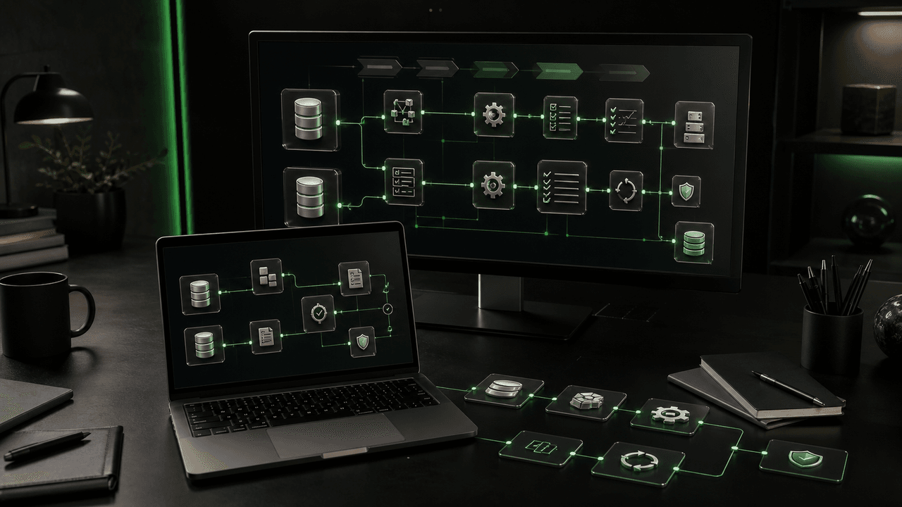 A computer displays a software workflow diagram on a desk with a laptop. Text: '2-4 Auto Migrations'.