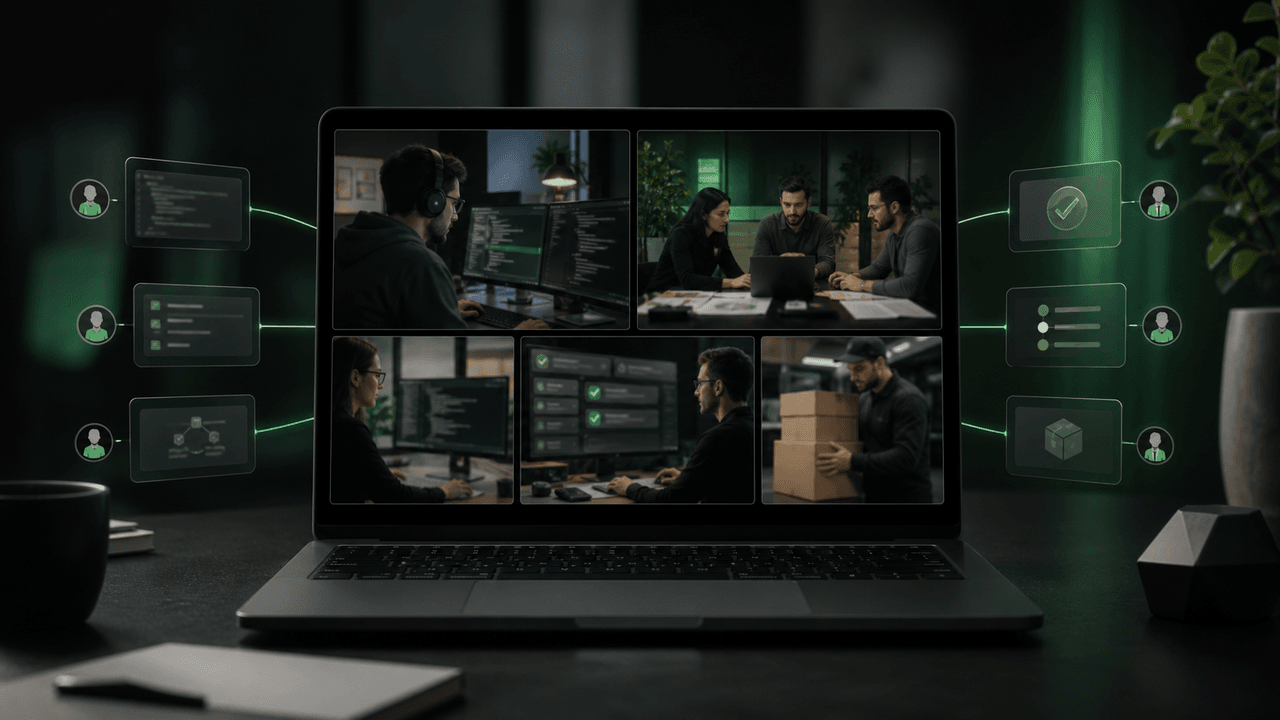 A laptop displays a collage of various work scenarios with the overlay text 'OUTSOURCING MODELS'.