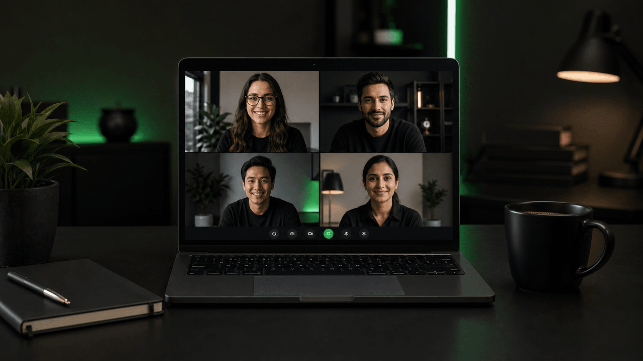 A laptop on a wooden desk displays a video call with four diverse team members smiling.