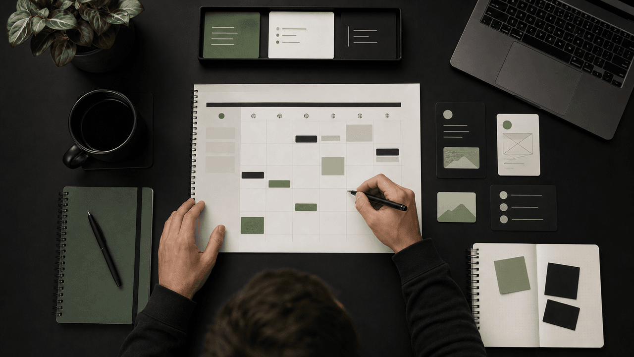 Overhead shot of a desk with a calendar, notebook, pen, plant, and 'CONTRACTS & ONBOARDING' text.