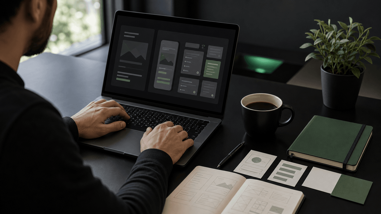 A person working on a laptop with a cup of coffee and notebooks, illustrating 'TEST YOUR IDEA'.