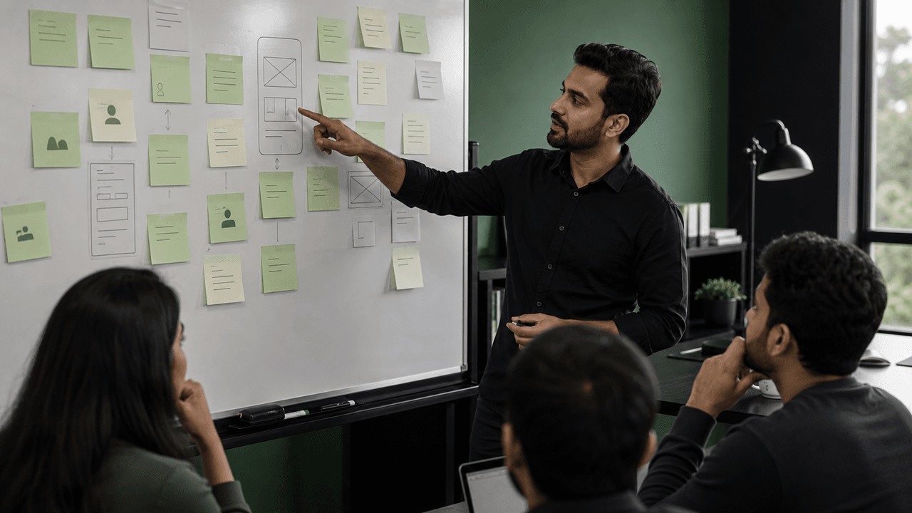 A man in a black shirt points at a whiteboard filled with sticky notes, collaborating in a modern office.