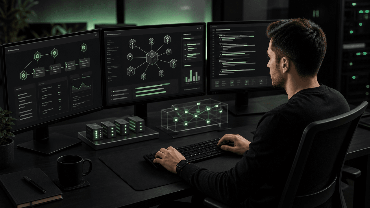 A developer working on Node.js services at a desk with multiple monitors displaying code and network diagrams.