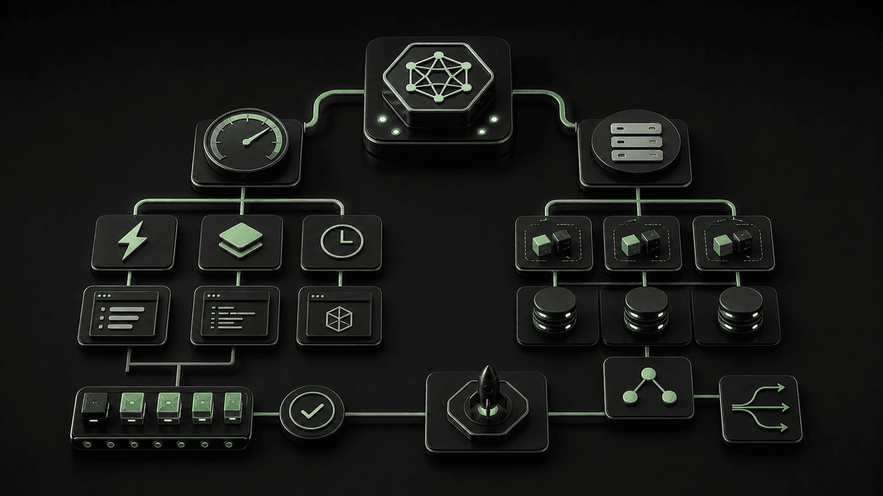 A flowchart detailing Node.js benefits, showing rapid business development and technical scalability.