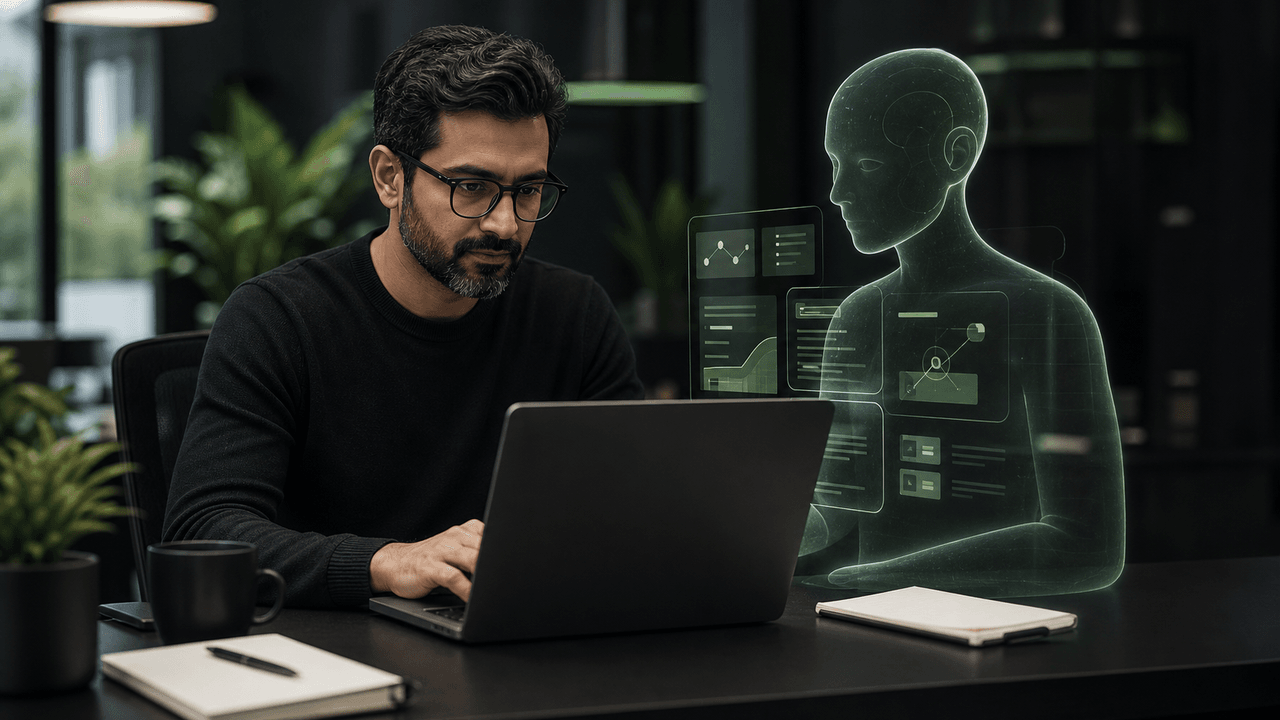 A man and an AI partner collaborate on a laptop in a modern office setting.
