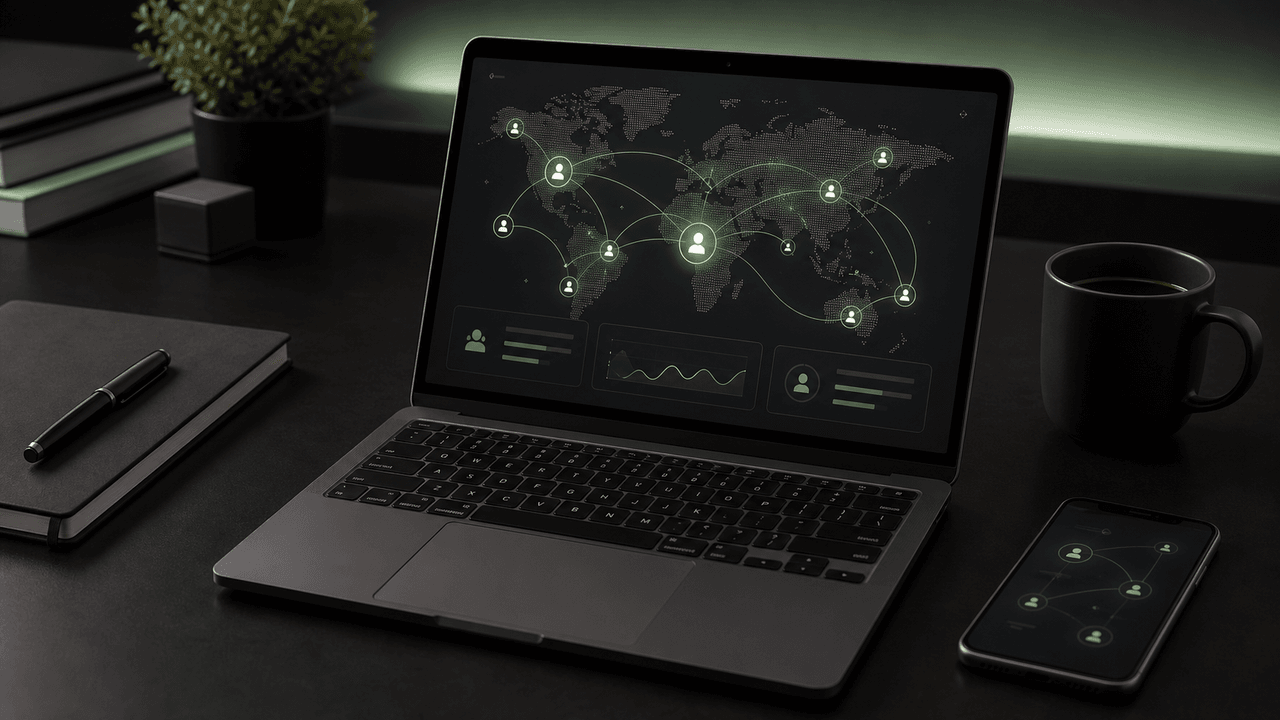 A laptop showing a global network map, a smartphone, and coffee on a wooden desk, with 'GLOBAL TALENT' text.
