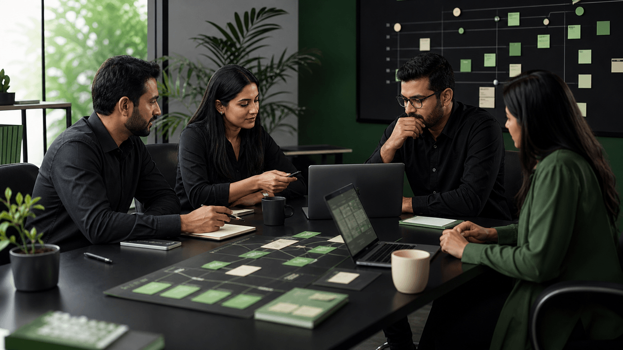 People in an office discussing a 'Remote Team Guide' with collaboration and security icons.