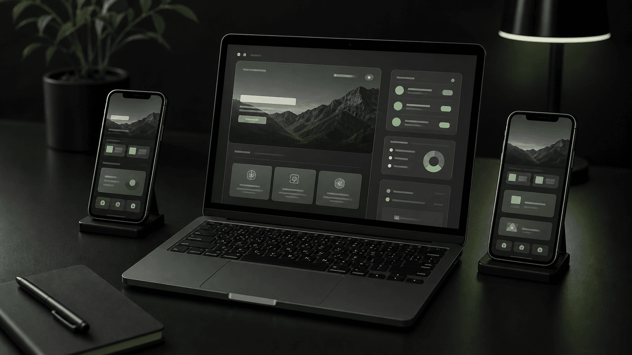 A laptop displaying a PWA Partner Guide website with two smartphones on a wooden desk.