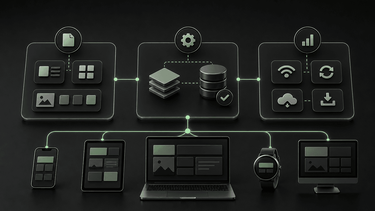 Diagram illustrating PWA components: Manifest, Service Worker, and Progressive, with their key features.