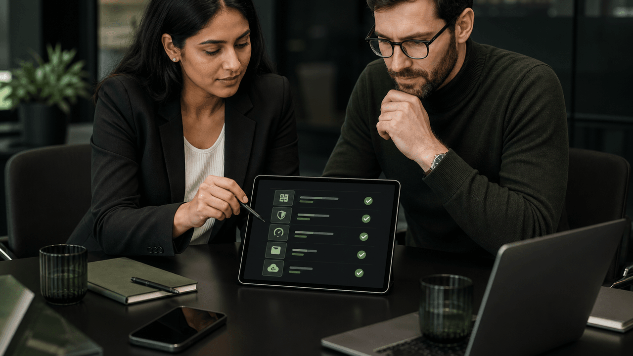 Two diverse professionals review a digital checklist on a tablet, collaborating at a meeting table.