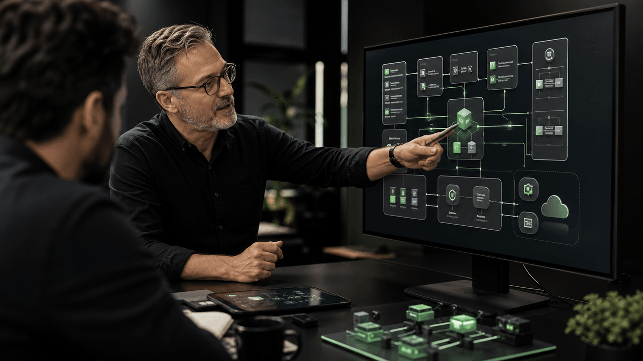An older man points at a large monitor displaying architectural plans and "DEVLYN AI PARTNER" text.