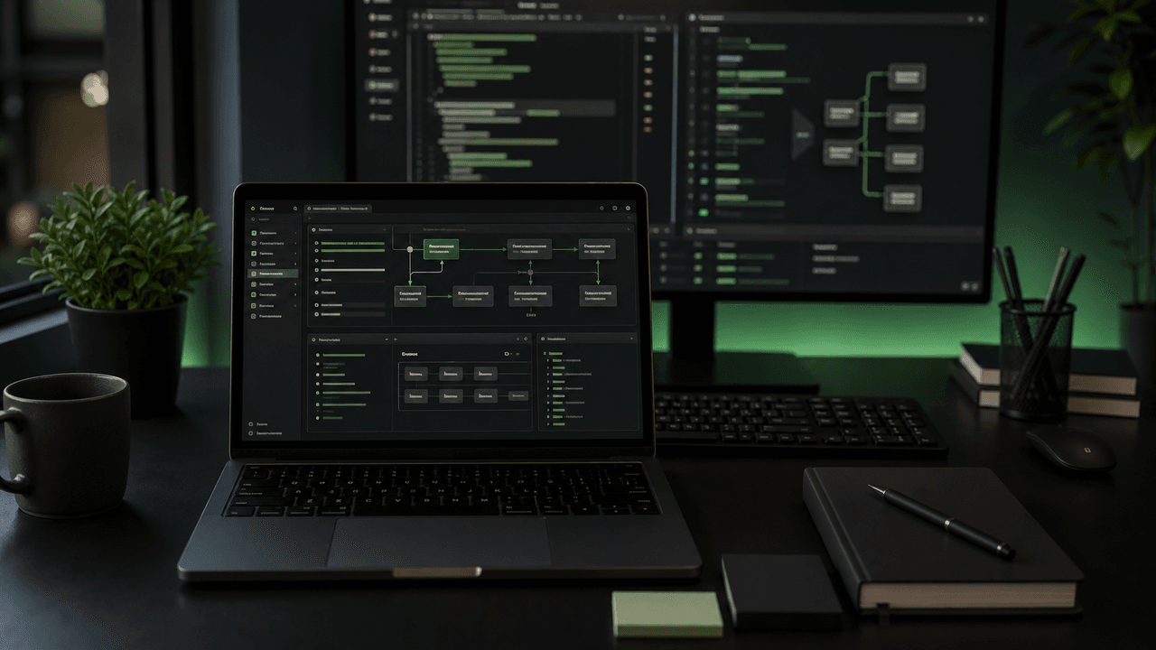 A neat developer workspace with a laptop showing Vite and NPM, a 'DEV ENVIRONMENT' sign, books, and headphones.