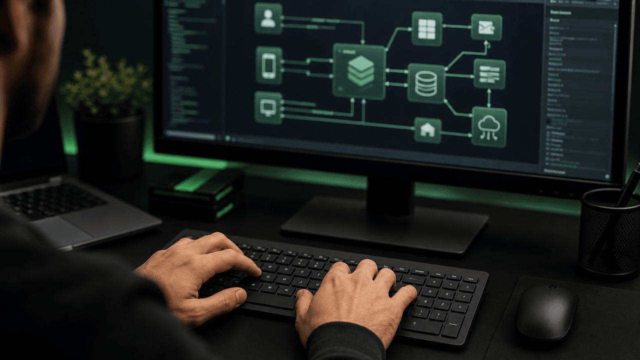 A person types on a keyboard at a desk, with a computer monitor displaying 'Secure Authentication'.