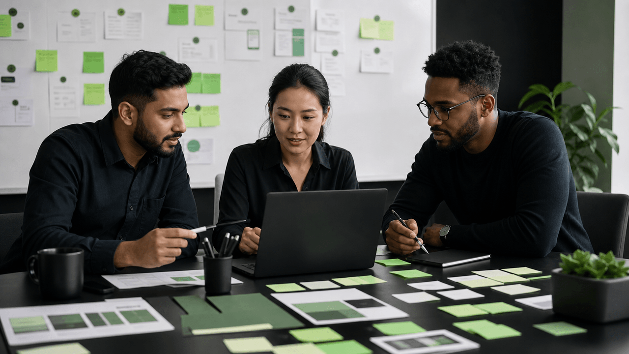 Three diverse professionals collaborate at a table, brainstorming ideas with sticky notes and a laptop.
