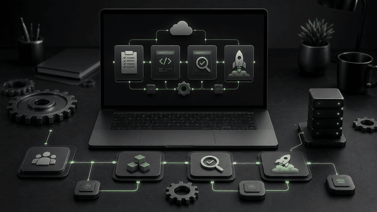 A laptop displaying a workflow automation diagram with gears and clouds, with 'AUTOMATE WORKFLOWS' text.