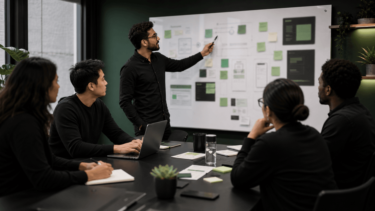 A diverse team actively discusses plans on a whiteboard, embodying a high-performance collaborative session.
