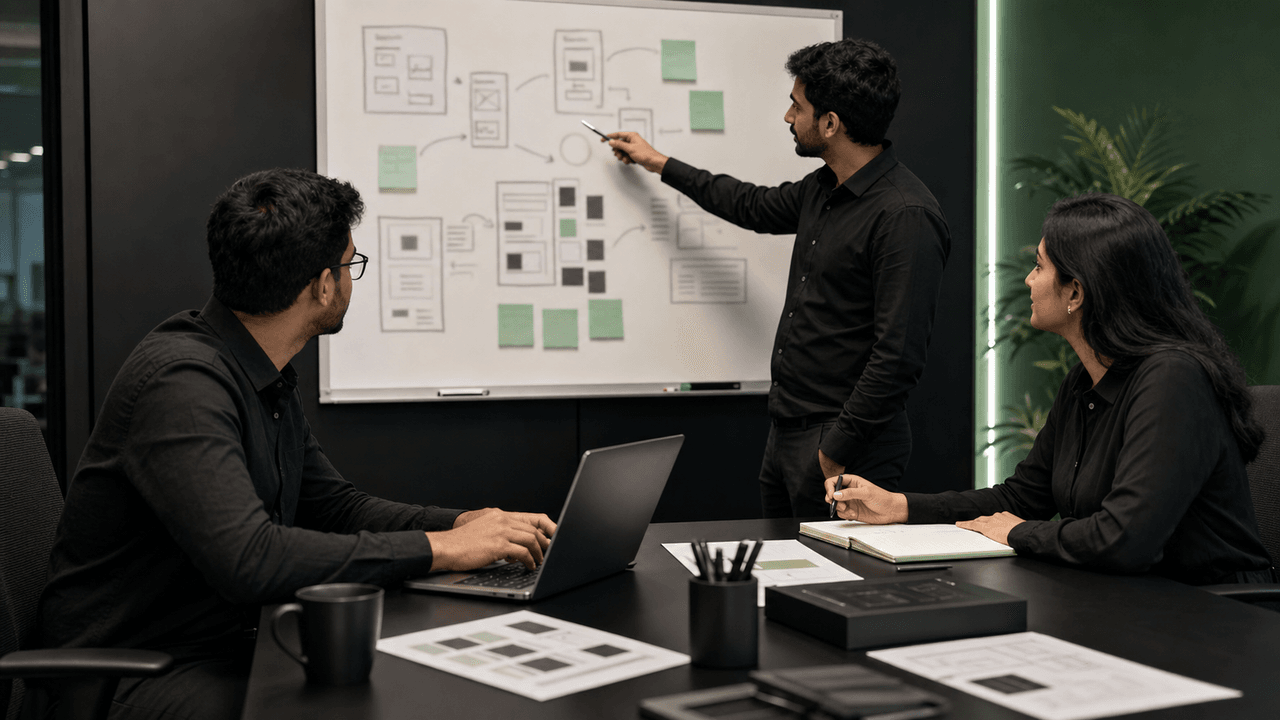 Three men collaborate on engineering designs, with one pointing at a whiteboard and another using a laptop.