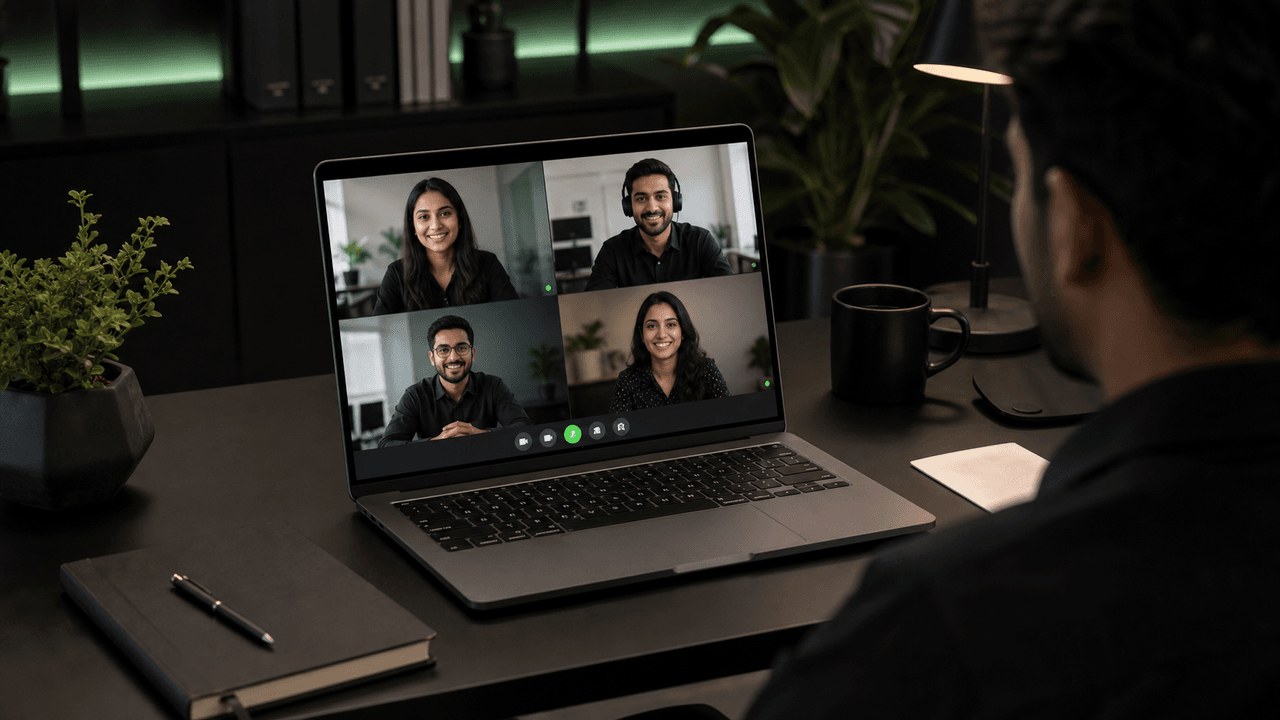 A person views a laptop displaying a video conference with four smiling team members, discussing team performance.