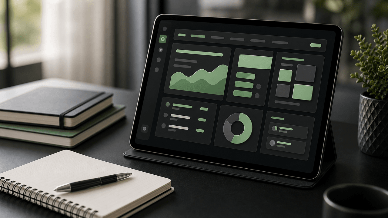 A tablet on a wooden desk displays a web application, alongside a notebook, pen, and plants, with 'BUDGET & TIMELINE' text.