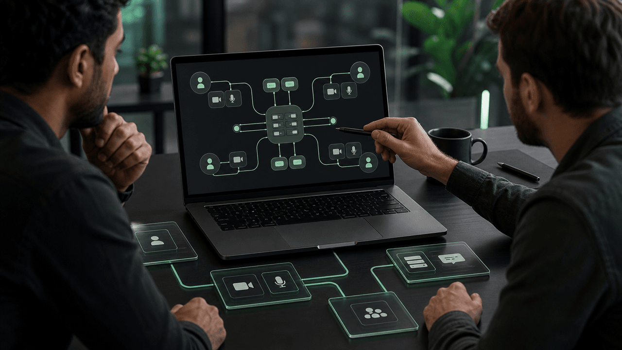 Two developers discussing a diagram on a laptop, with 'WeBRTC vs Websocket' text on the wall.
