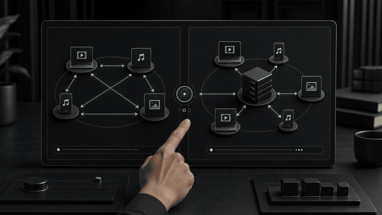 A hand points at a screen displaying a diagram comparing P2P vs SERVER network architectures.