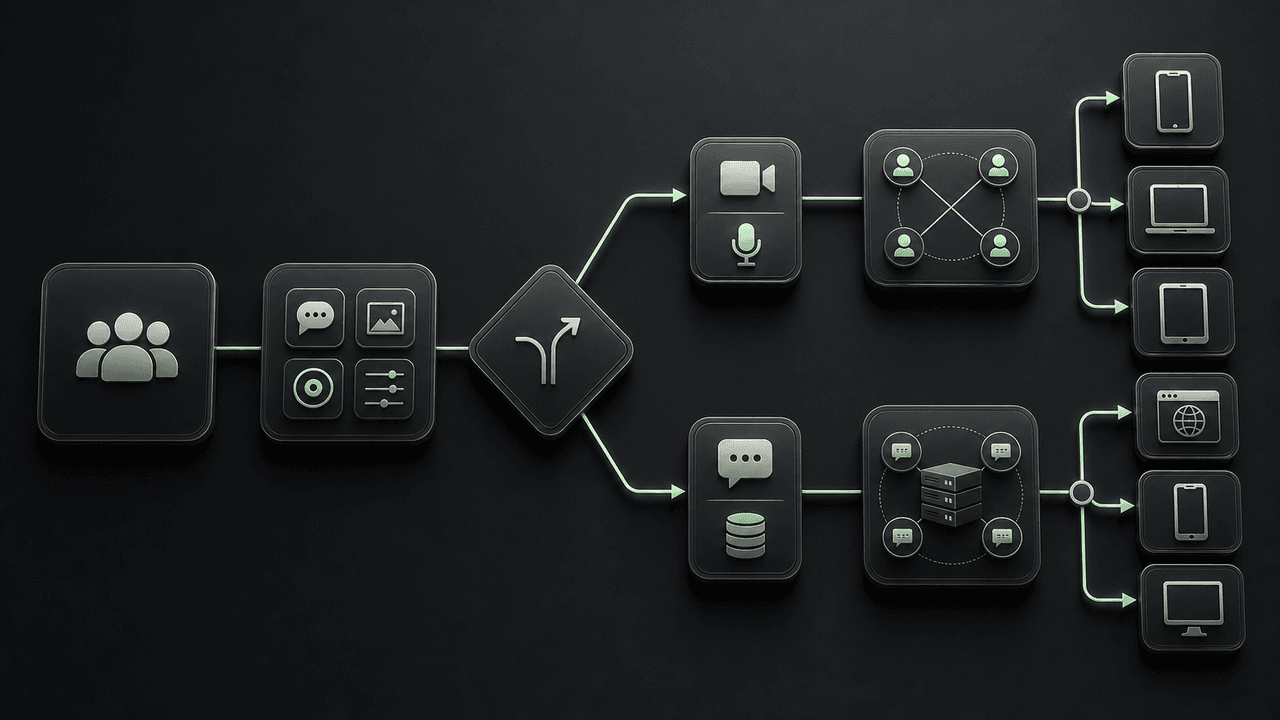 Flowchart for tech selection, recommending WebRTC for video/audio and Woscekt for no video/audio.